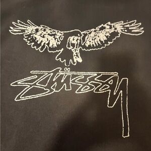 Stussy Black Hoodie with small chest logo and bird logo on the back